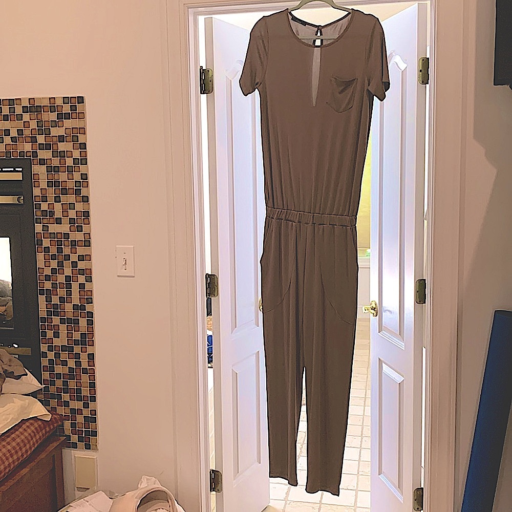 One piece long jumpsuit romper in khaki.  Brand Devotion size small